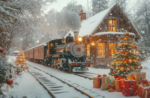 Vintage steam train in snow-covered countryside