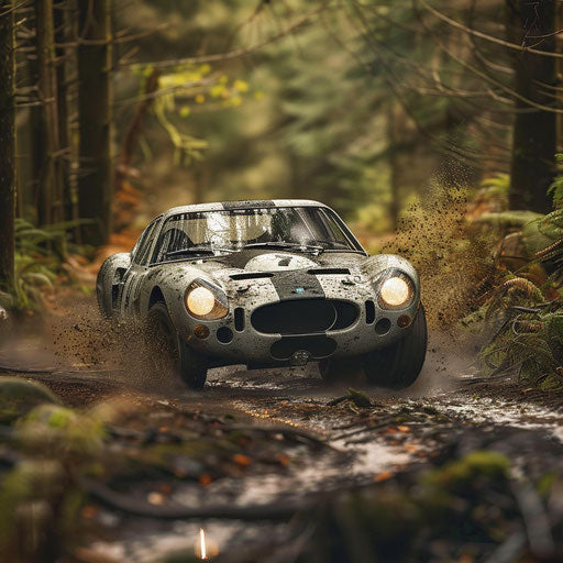 Shelby Daytona rallying in a muddy forest