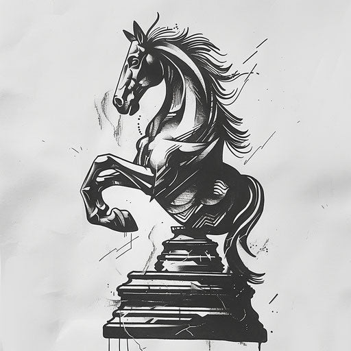 Elegant flat tattoo sketch of a chess knight in mid-jump, minimalist design