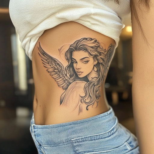 Ribbon tattoos for women featuring angel with outstretched wings
