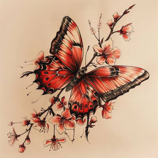 Detailed sketch of a red butterfly on a cherry blossom branch in Japanese style