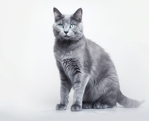 Grey cat on white background, dark maroon and light indigo style