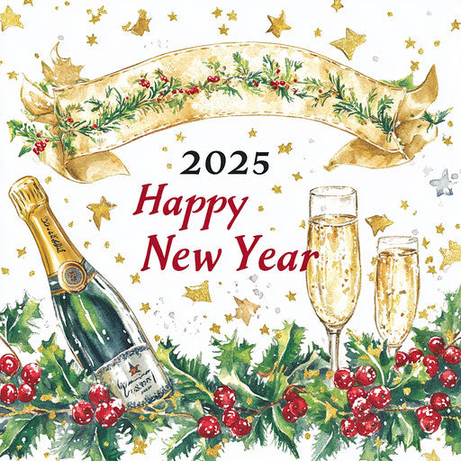 2025 Happy New Year: Greeting card with fireworks and champagne