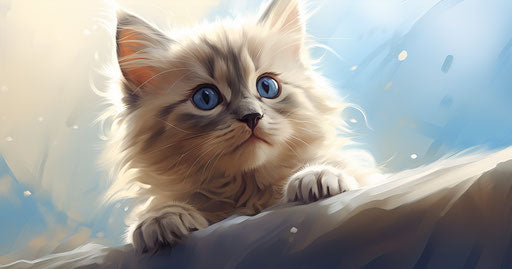 Captivating gaze on a kitten in a light beige and blue teddy bear