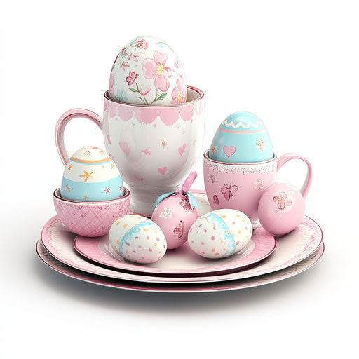 Realistic Easter-themed tableware, high resolution, isolated