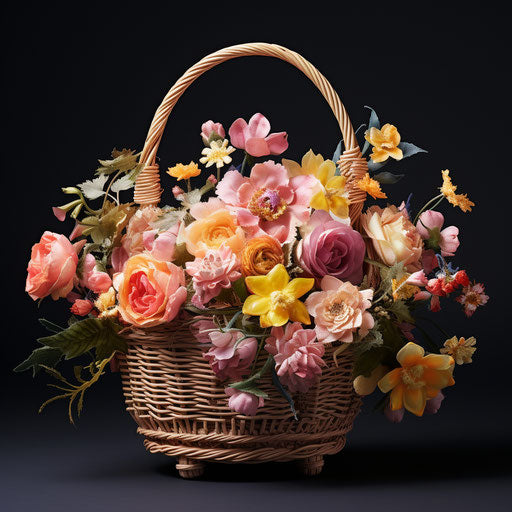 Empty wicker flower basket, dark yellow and light pink style