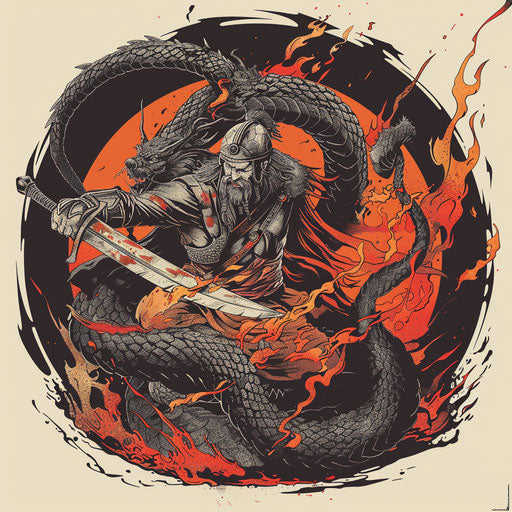 Baldur battling a serpent, dynamic tattoo sketch