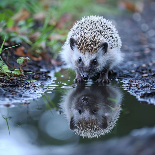 Contemplative hedgehog reflecting in a rain puddle