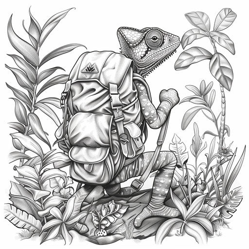Chameleon exploring jungle with backpack