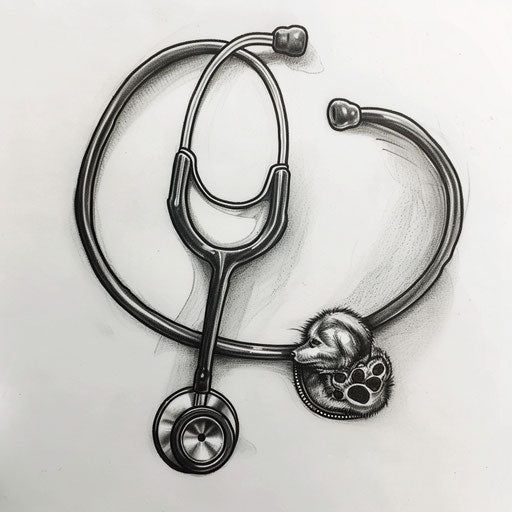 Flat sketch of a veterinary stethoscope with a paw print charm, in soft grey and black