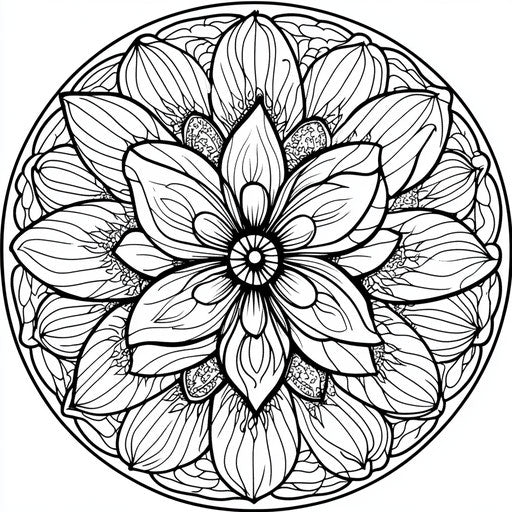 Intricate mandala with a plant in the center in the style of Andy Marlette, Coloring book page