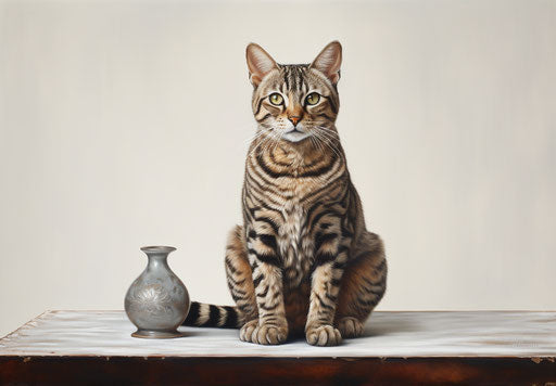 Tabby cat on white table, delicate markings