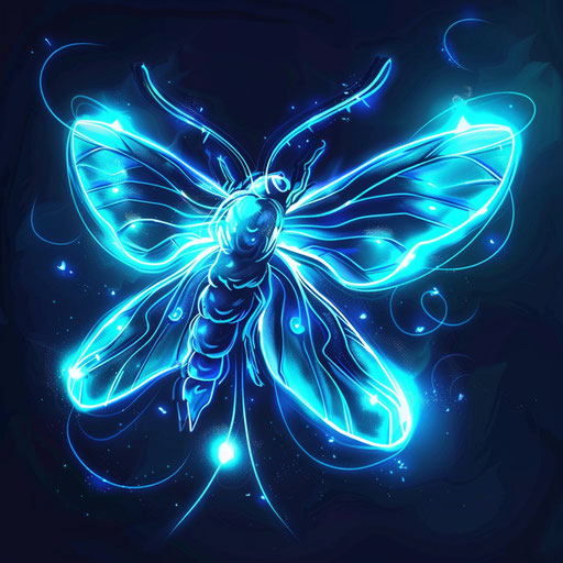 Dynamic tattoo sketch of a firefly with glowing effects and neon blue outlines in a clipart style