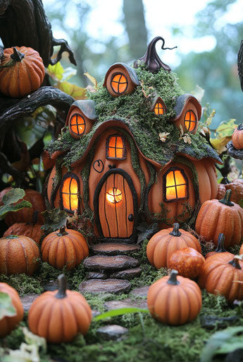 Pumpkin house surrounded by pumpkins for Halloween