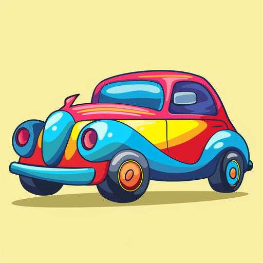 Whimsical cartoon car in bright primary colors