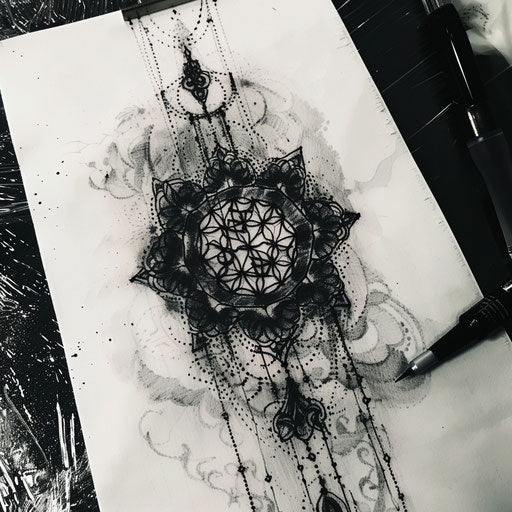 Gothic tattoo sketch of the Flower of Life, dark and intricate with lace patterns