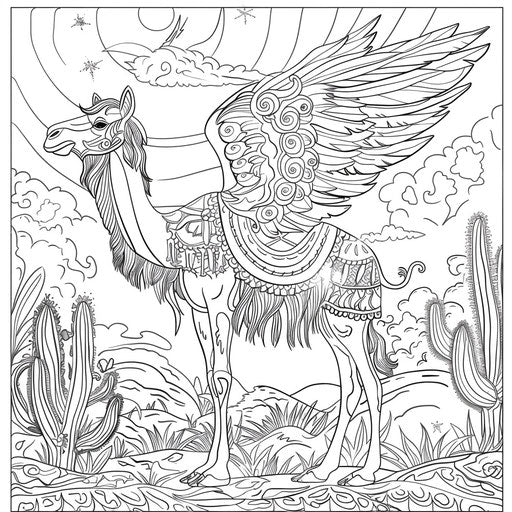 Winged camel flying in a magical desert