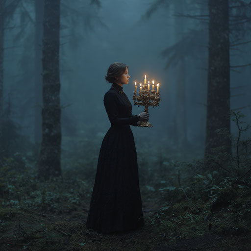 Mystery in the Dark Forest with a Candlelit Presence