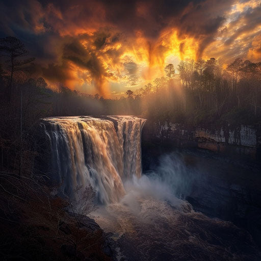 Noccalula Falls, Alabama, captured in dramatic evening light, in the style of Marc Adamus