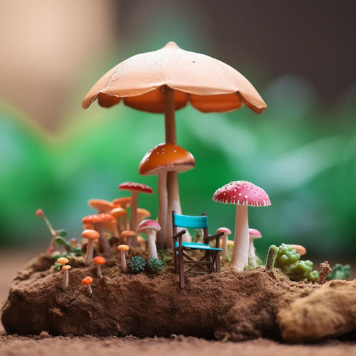 Wooden chair on umbrella with mushrooms in garden