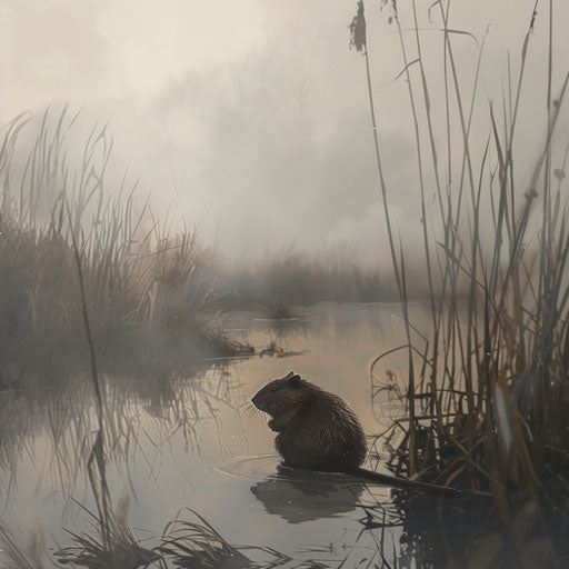 Muskrat in a foggy marsh morning, Vincent Munier style