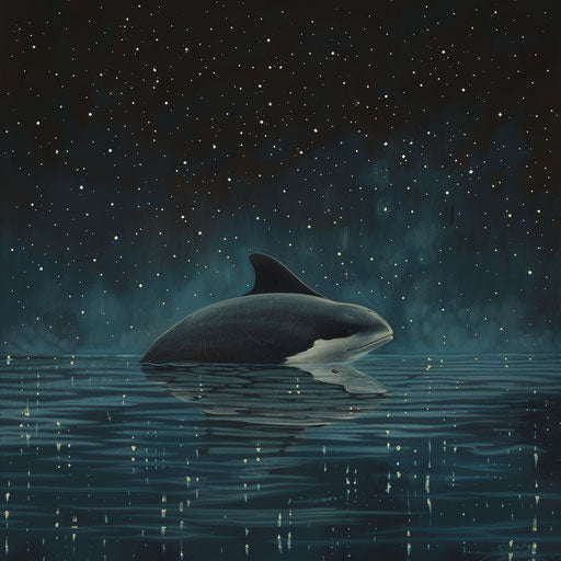 A peaceful moment as a vaquita porpoise rests at the water's surface, reflecting the stars of the night sky.