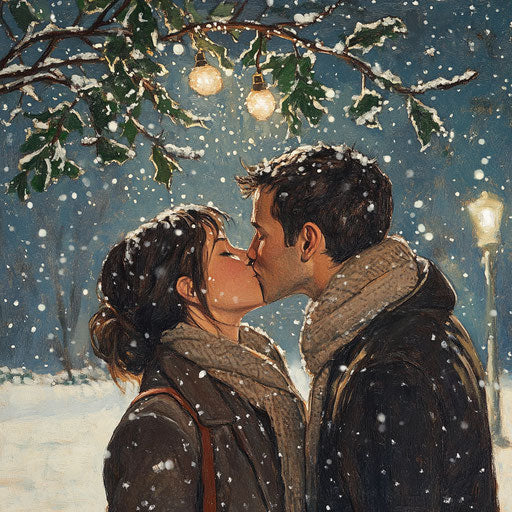 Kiss under mistletoe in snowy park
