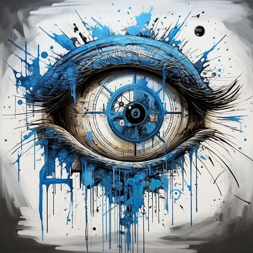 Blue and white eye with blue tint, graffiti-inspired illustrations style