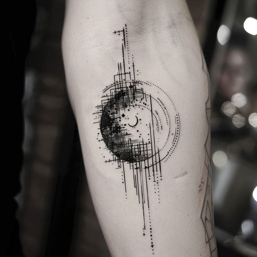 Flat tattoo sketch of a circle with digital pixel filling