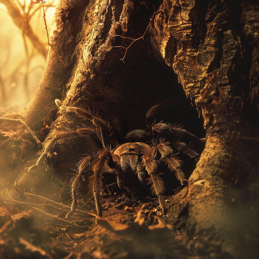 Tarantula emerging from a tree hollow in a misty forest