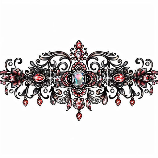 Elaborate Korean bracelet tattoo design, with jewels and traditional patterns, on a white background.