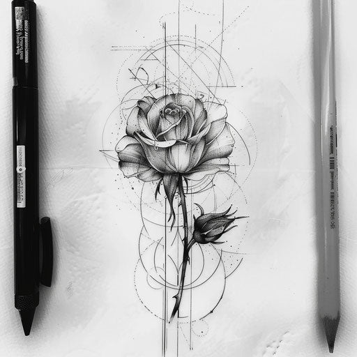Dynamic flat tattoo sketch of a rose with wind-blown petals and movement