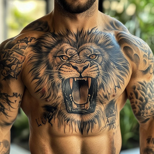 Lion chest tattoo with battle scars and fierce expression