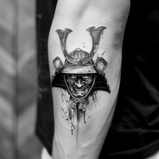 Simple tattoos for men of a samurai helmet, in the style of Ami James