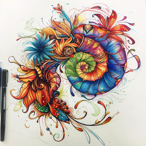 Fantasy-themed tattoo sketch of a Fibonacci spiral with whimsical elements and vibrant colors