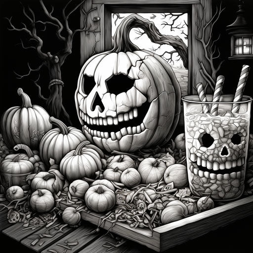 Halloween treats and candies in a beautifully drawn coloring page