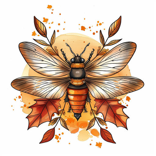 Seasonal tattoo sketch of a firefly with autumn leaves and warm orange tones in a clipart style