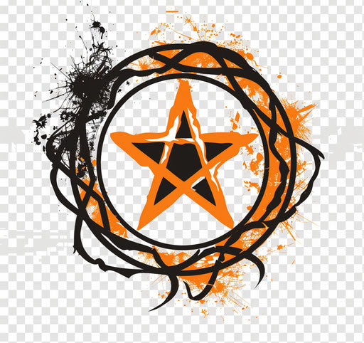 Black pentacle symbol with orange star, punk style