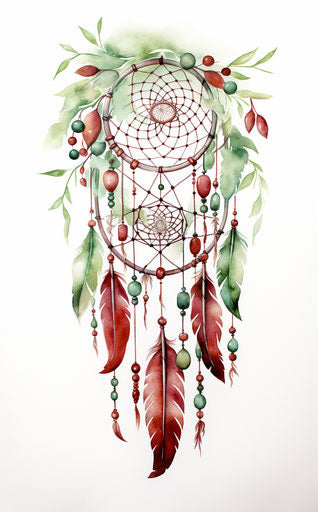 Dream catcher with feathers, wings and acorns in green and red