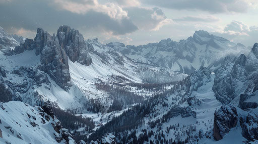Extra wide digital photo of the Dolomite mountains in Italy in Winter