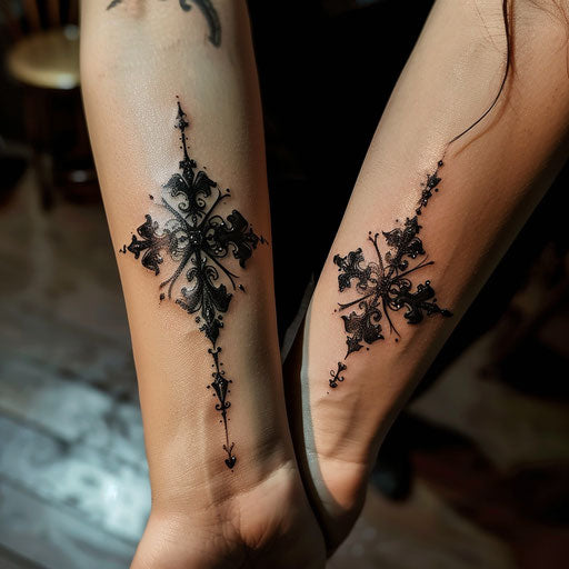 Mother-daughter gothic cross wrist tattoos