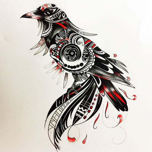 Exotic flat tattoo sketch of a magpie adorned with traditional Polynesian patterns