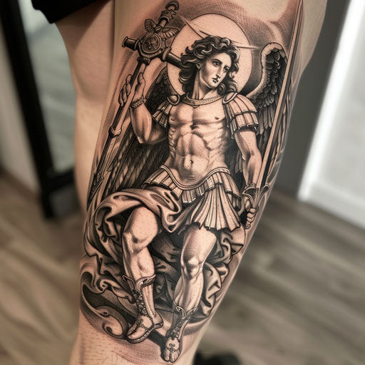 Baroque tattoo of Saint Michael with dramatic lighting