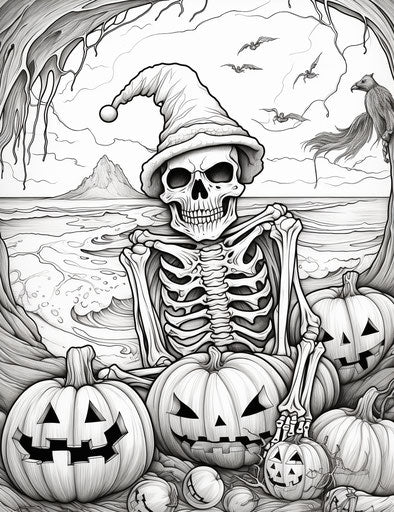Halloween coloring on the beach, in randal spangler style, detailed drapery