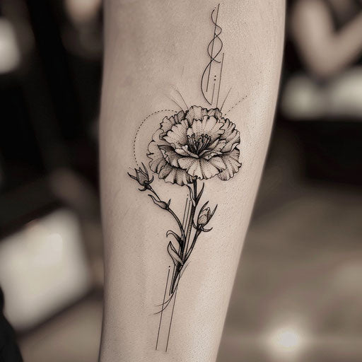 Tribal style carnation tattoo with bold black lines and symbols, artistically placed on a white background