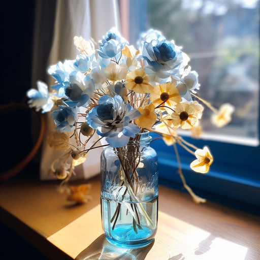 Blue flowers in a bottle of water on a table