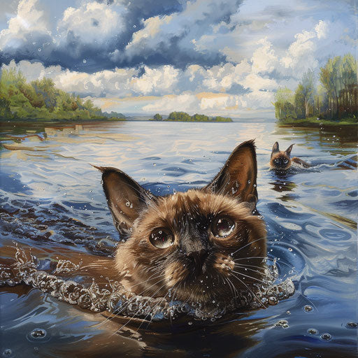 Burmese cat swimming in a lake by the shore