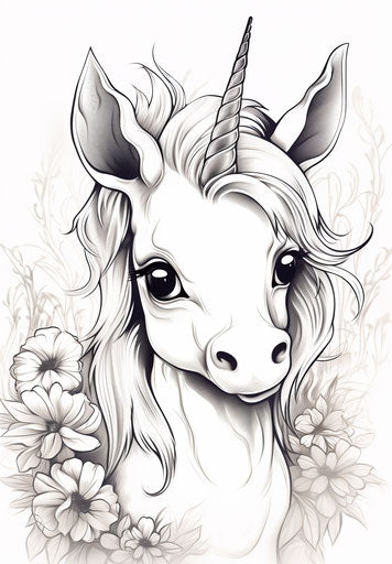 Baby unicorn coloring pages, comic art style, shiny eyes