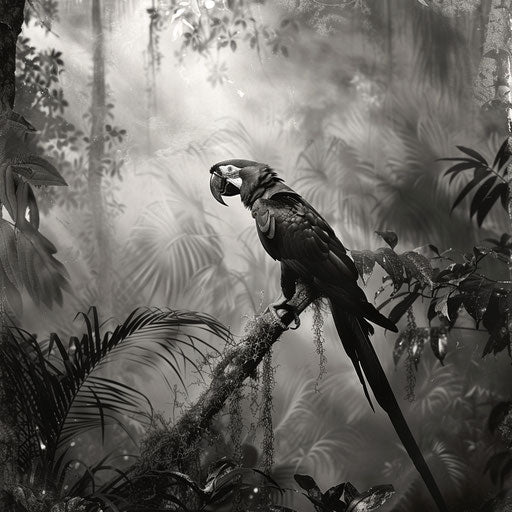 Macaw in a poetic black and white rainforest scene