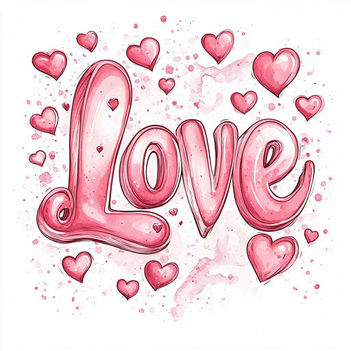 Pink calligraphic 'Love' word with hearts on white background